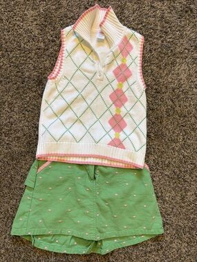Gymboree White Cotton Knit Sweater with Pink Trim and tennis skirt